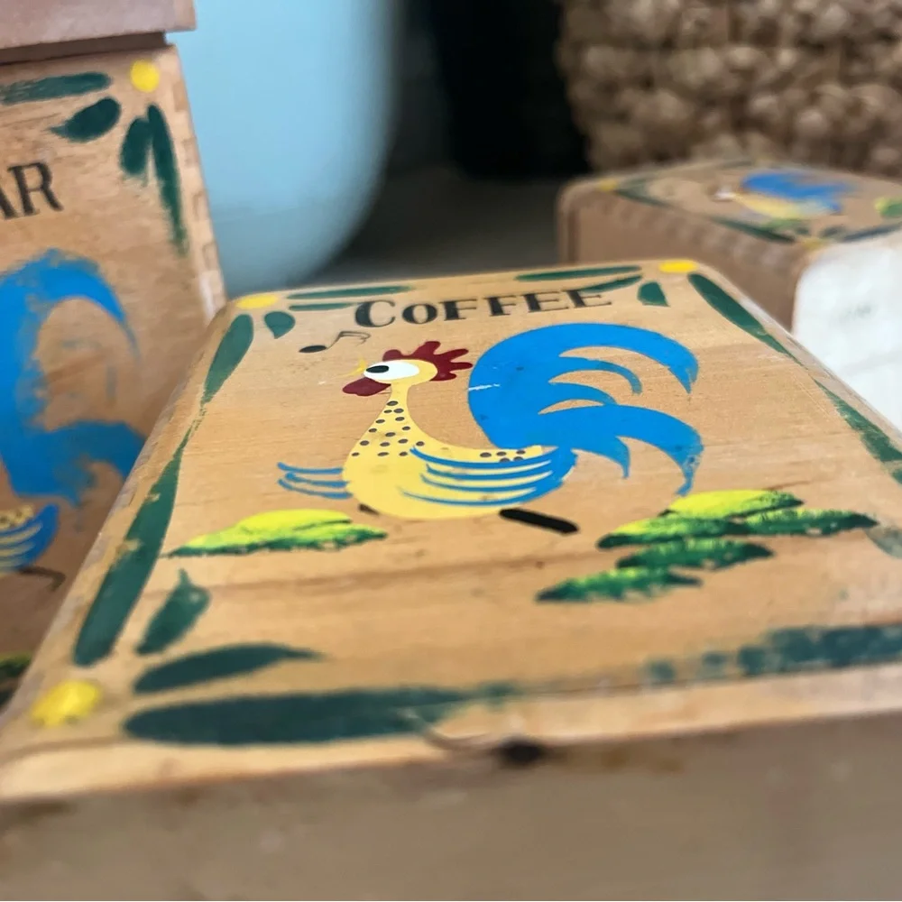Vintage*Wood Rooster/ Rustic Wooden Kitchen Canister Set with Rooster Design
